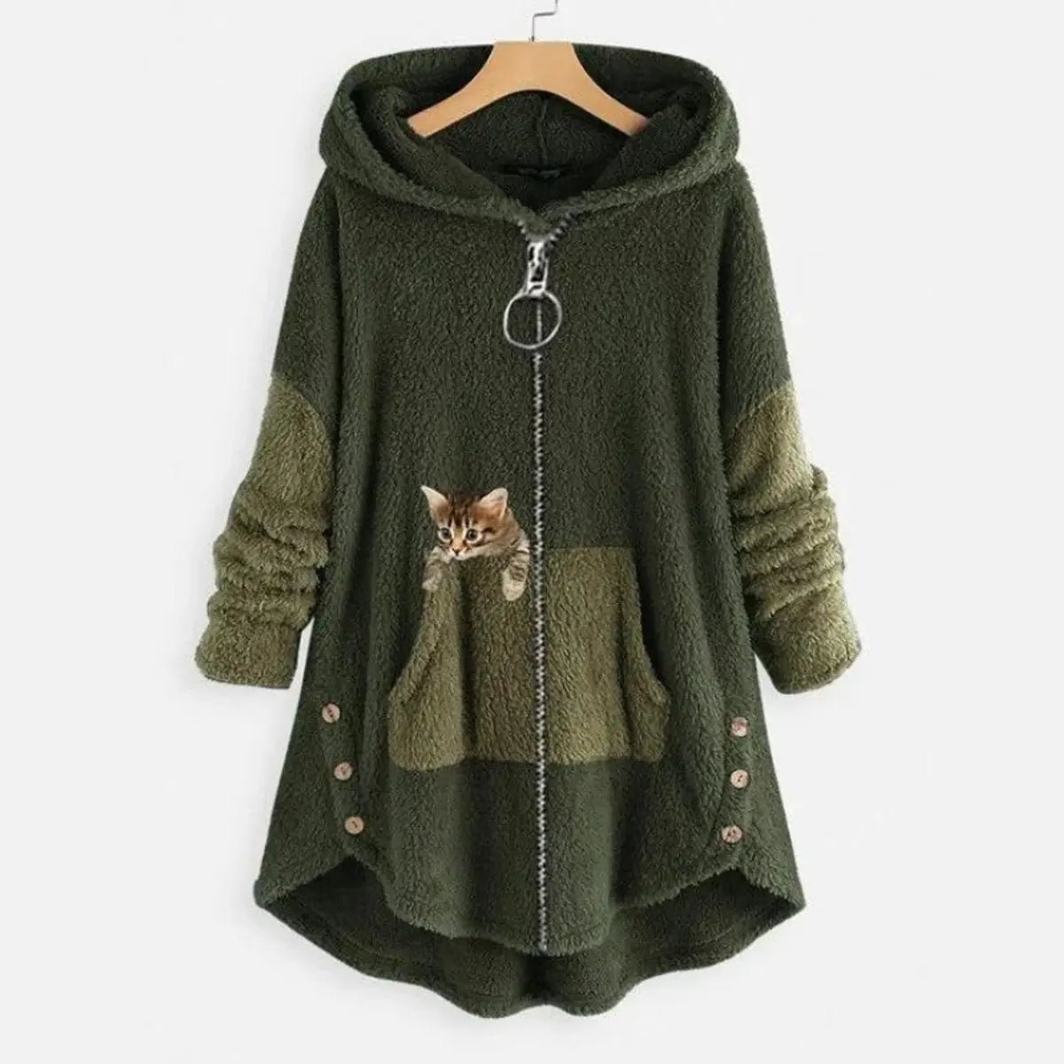 Women's Fluffy Plush Zip-Up Hooded Sweater Cat Pocket - Green