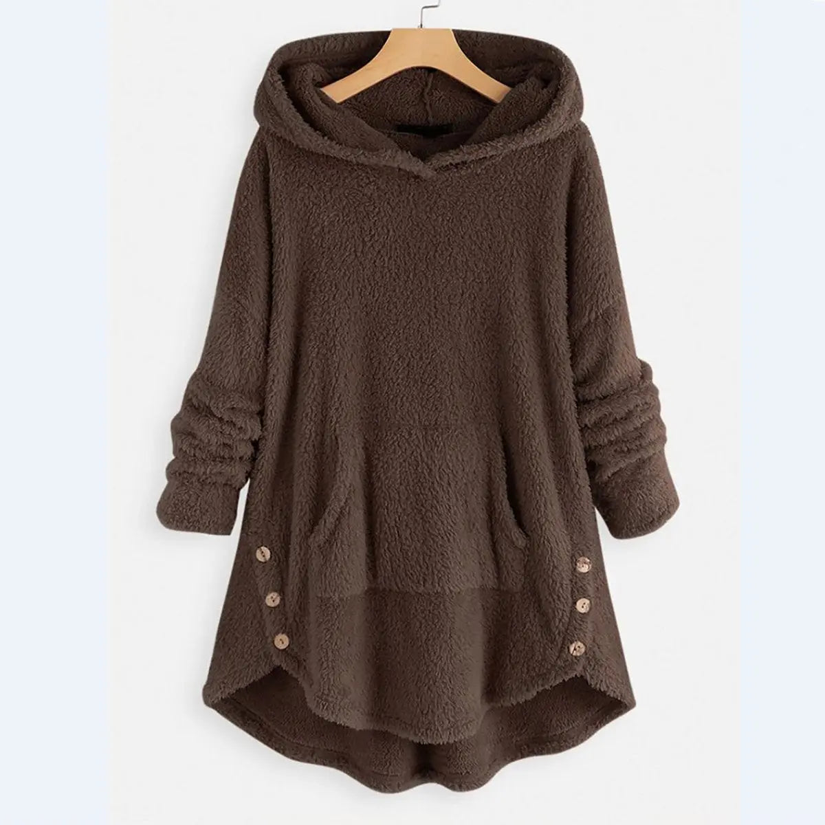 Women's Fluffy Plush Zip-Up Hooded Sweater Cat Pocket - Brown
