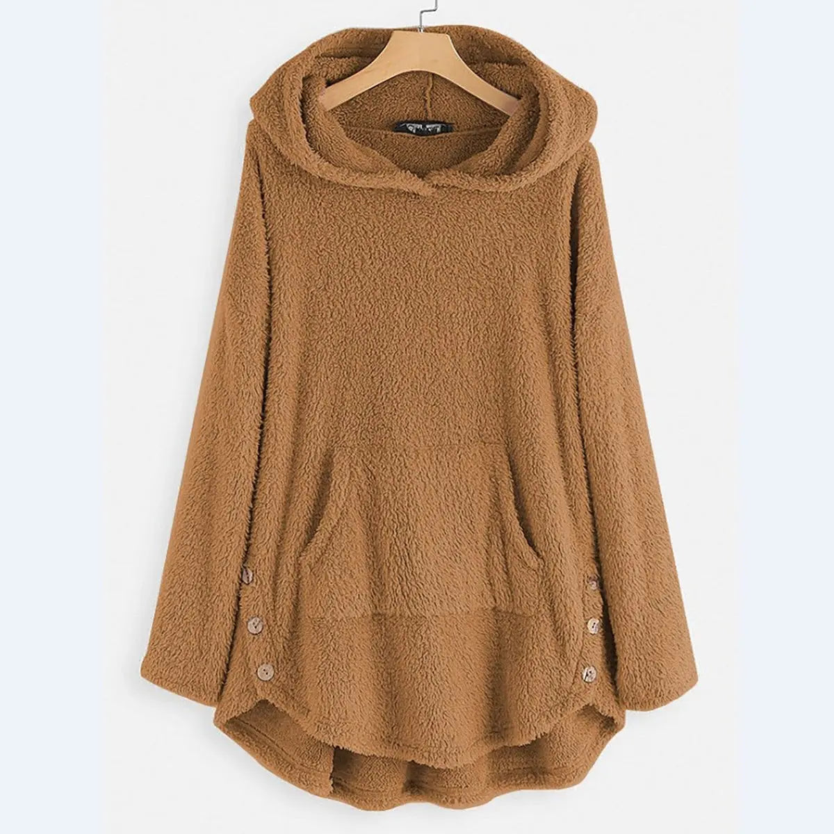 Women's Fluffy Plush Zip-Up Hooded Sweater Cat Pocket - Beige