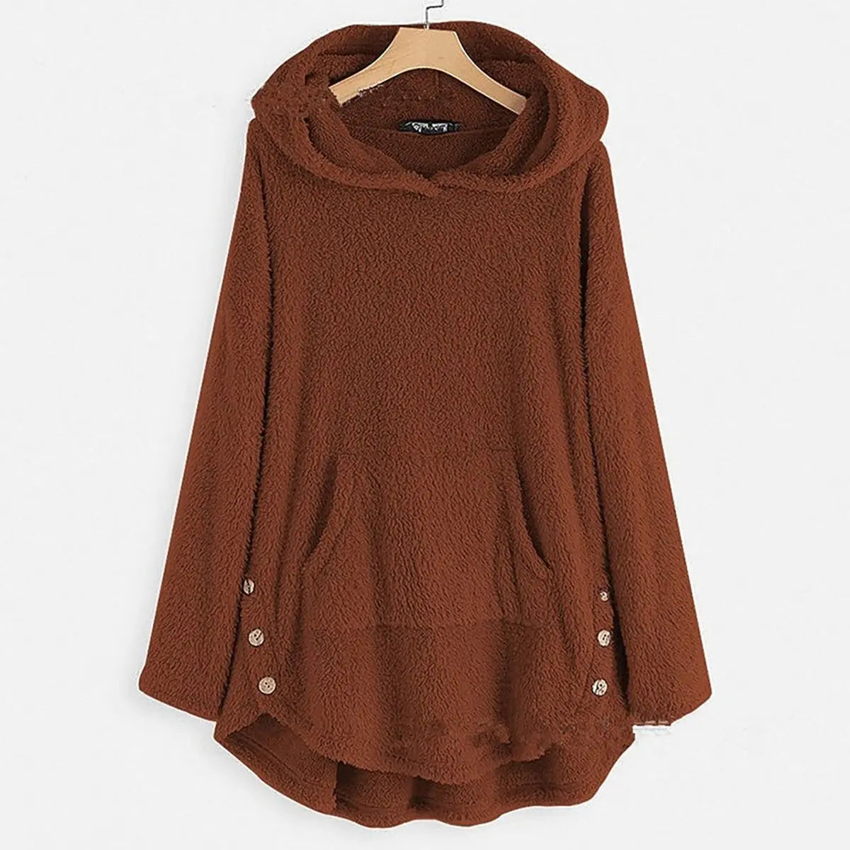 Women's Fluffy Plush Zip-Up Hooded Sweater Cat Pocket - Burgundy