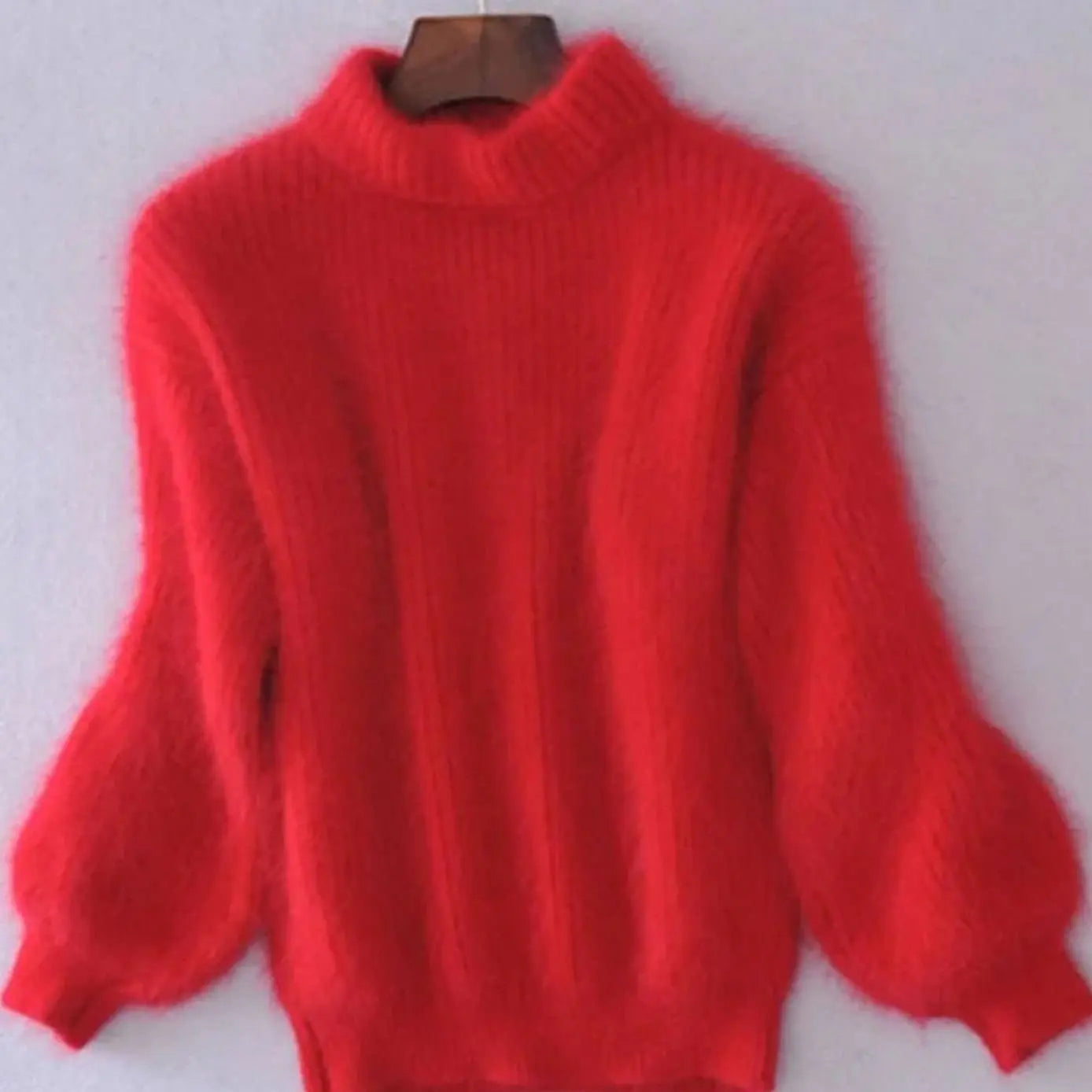 Women's Fluffy Turtleneck Loose Knit Sweater Jumper - Red