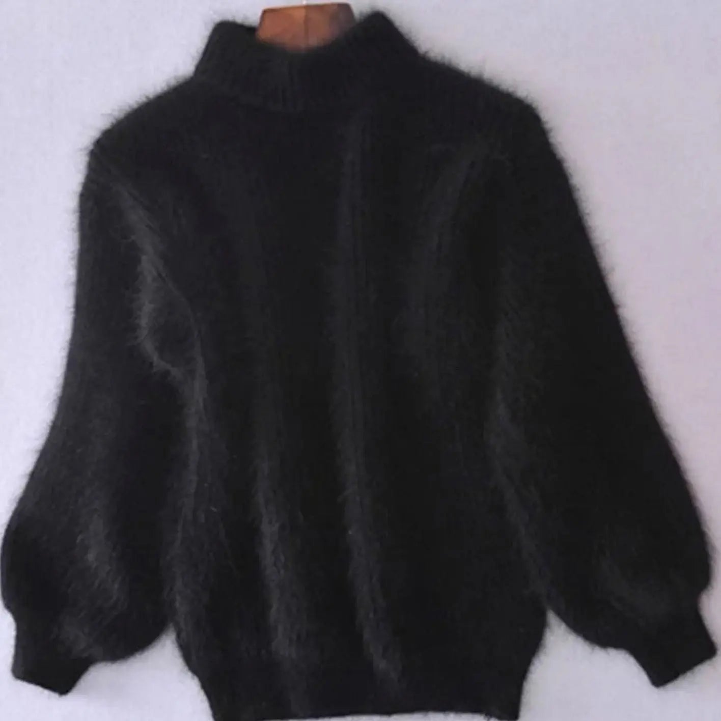Women's Fluffy Turtleneck Loose Knit Sweater Jumper - Black