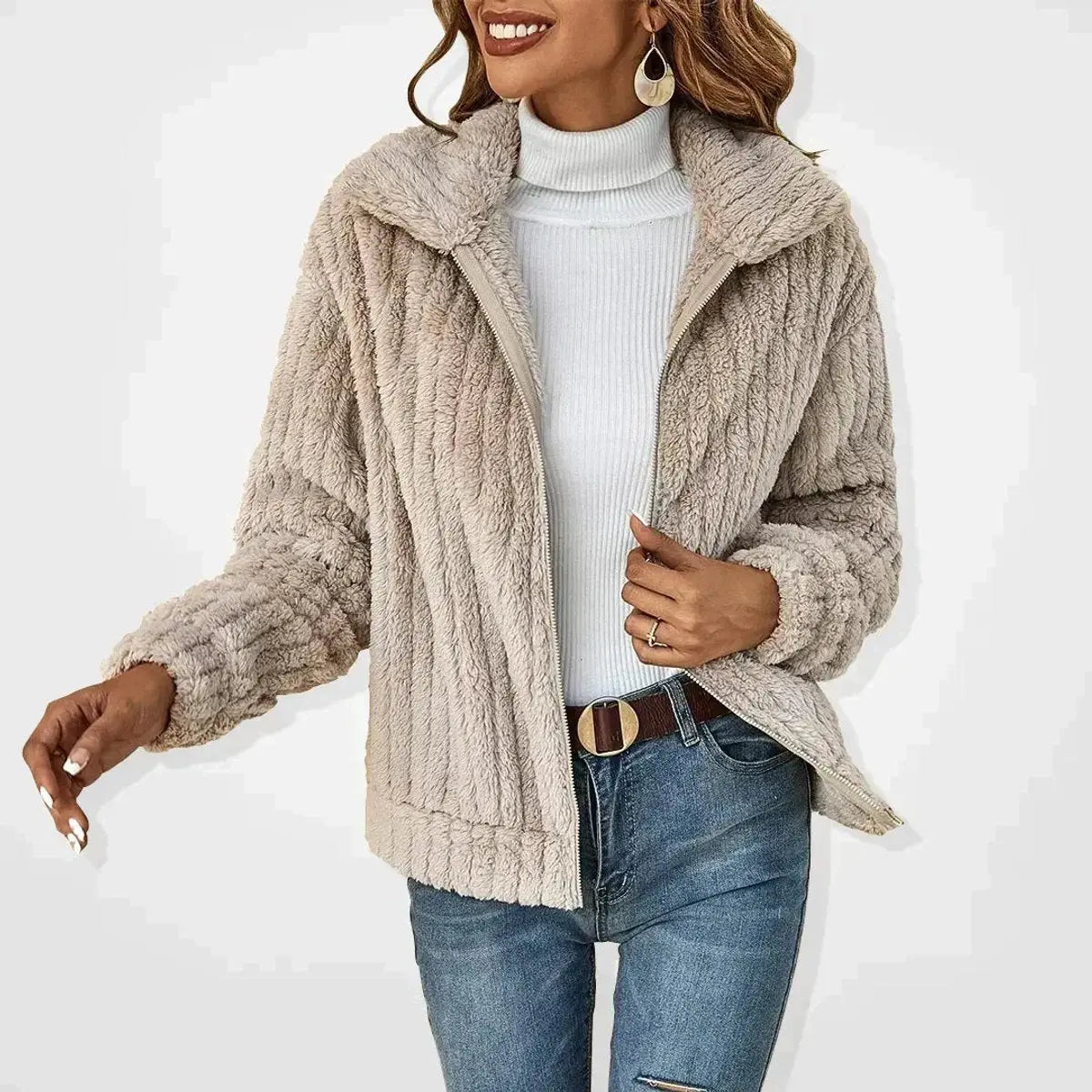Women's Fluffy Zip-Up Quilted Jacket Teddy Fleece Coat - Apricot