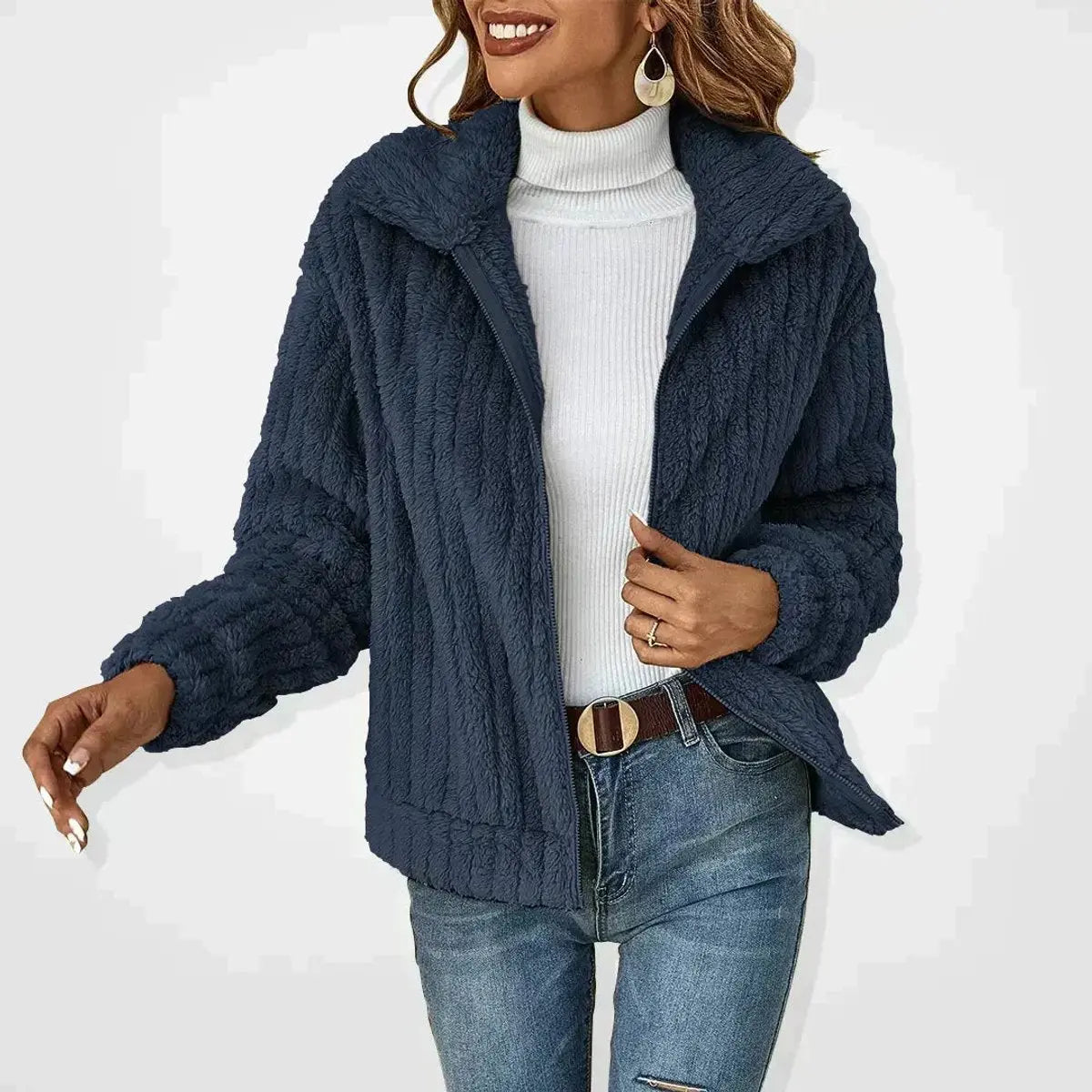 Women's Fluffy Zip-Up Quilted Jacket Teddy Fleece Coat - Navy Blue