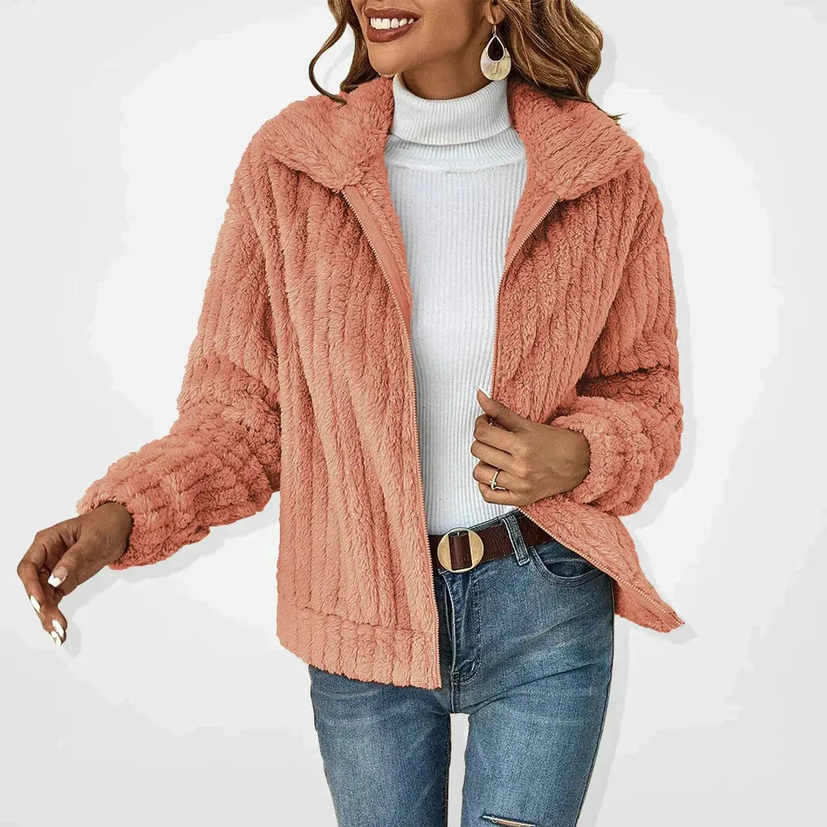 Women's Fluffy Zip-Up Quilted Jacket Teddy Fleece Coat - Pink