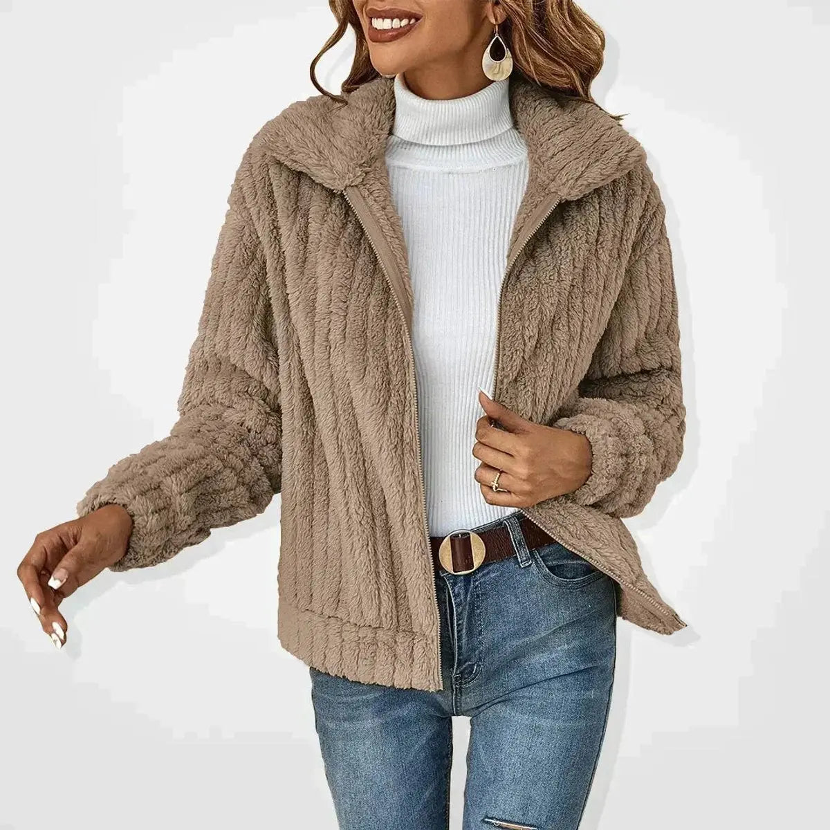 Women's Fluffy Zip-Up Quilted Jacket Teddy Fleece Coat - Khaki