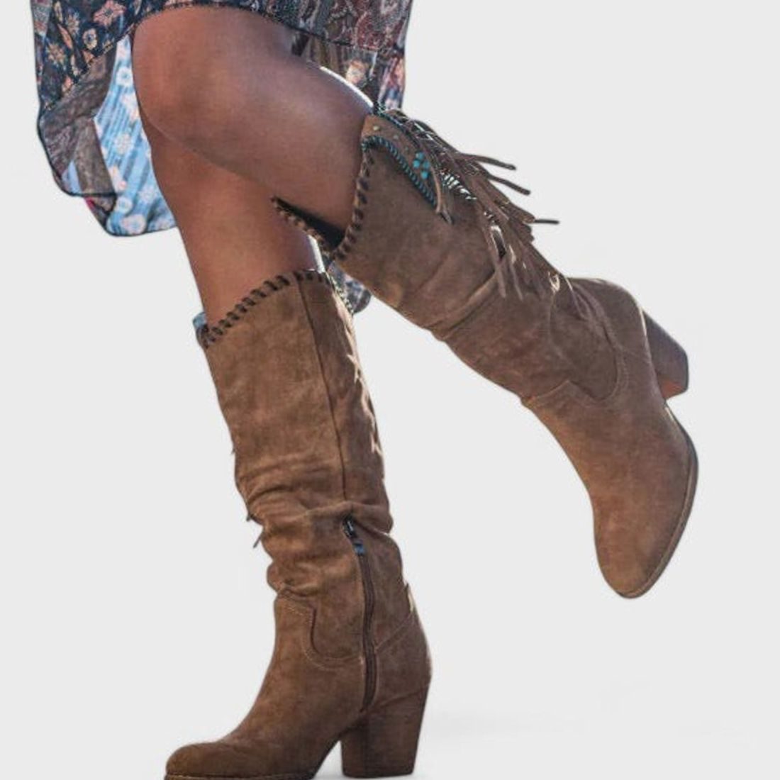 Women's Fringed Suede Block-Heel Knee-High Western Boots