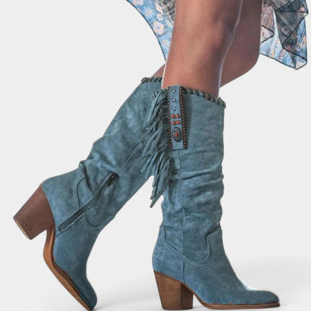 Women's Fringed Suede Block-Heel Knee-High Western Boots - Blue