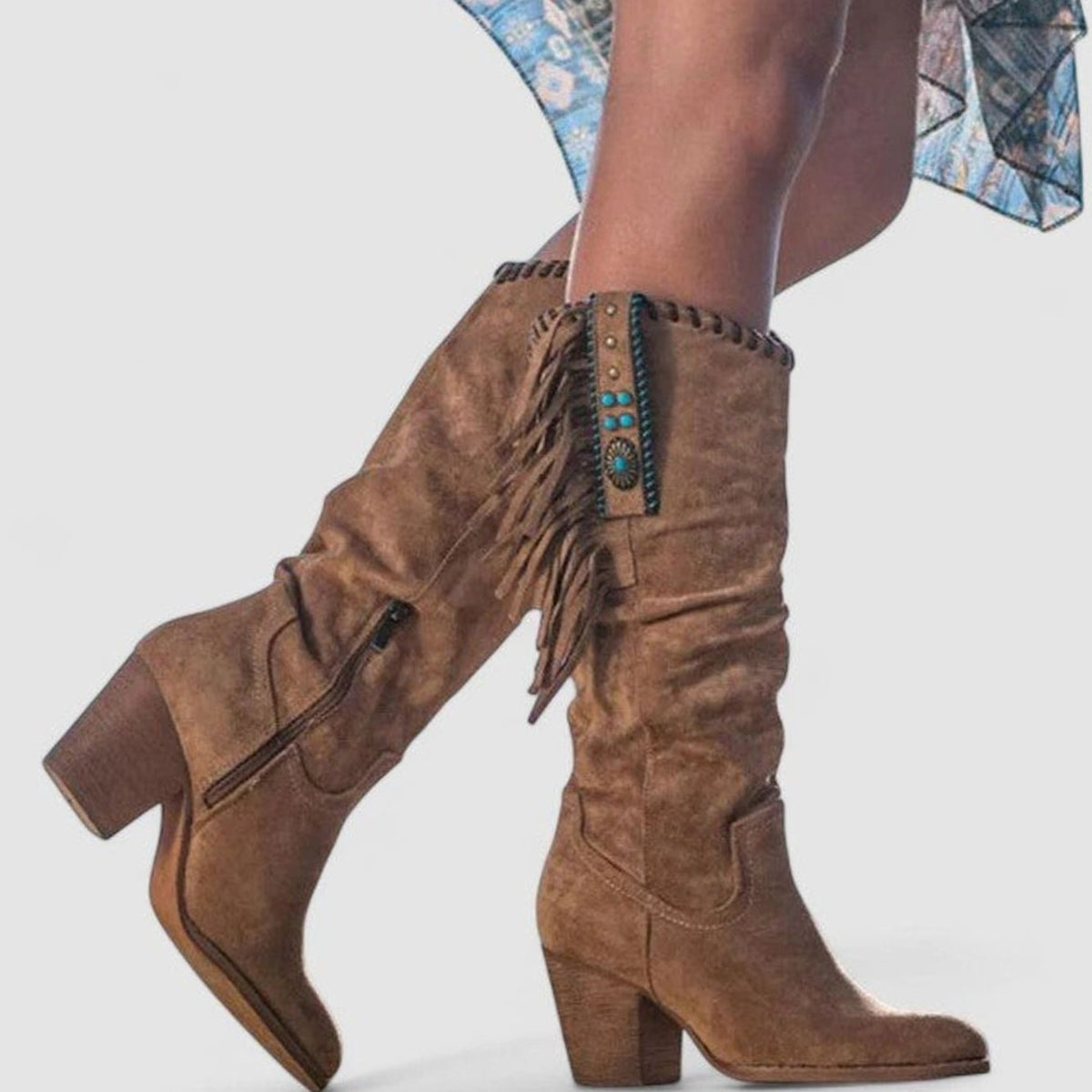 Women's Fringed Suede Block-Heel Knee-High Western Boots - Brown