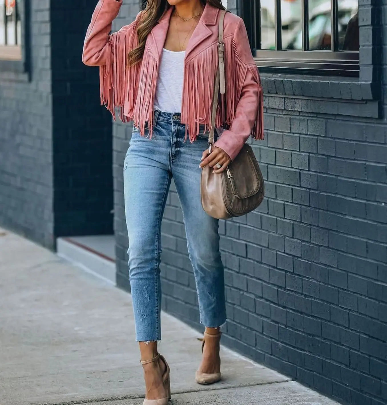 Women's Fringed Suede Cropped Moto Jacket - Pink
