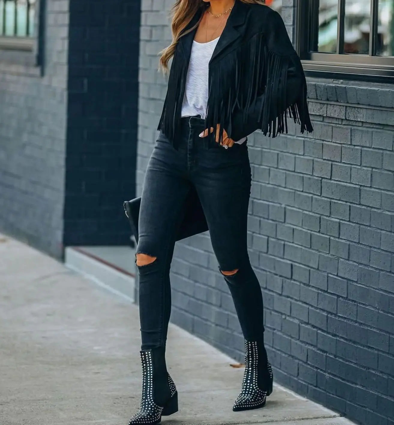 Women's Fringed Suede Cropped Moto Jacket - Black