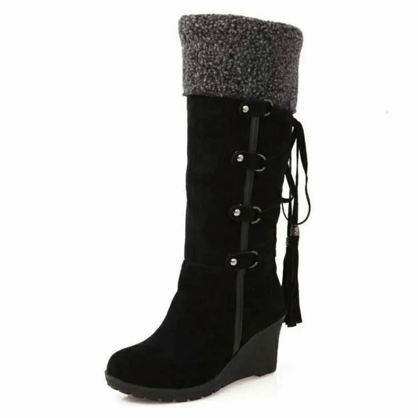 Women's Fur-Lined Wedge Heel Knee-High Winter Boots - Black
