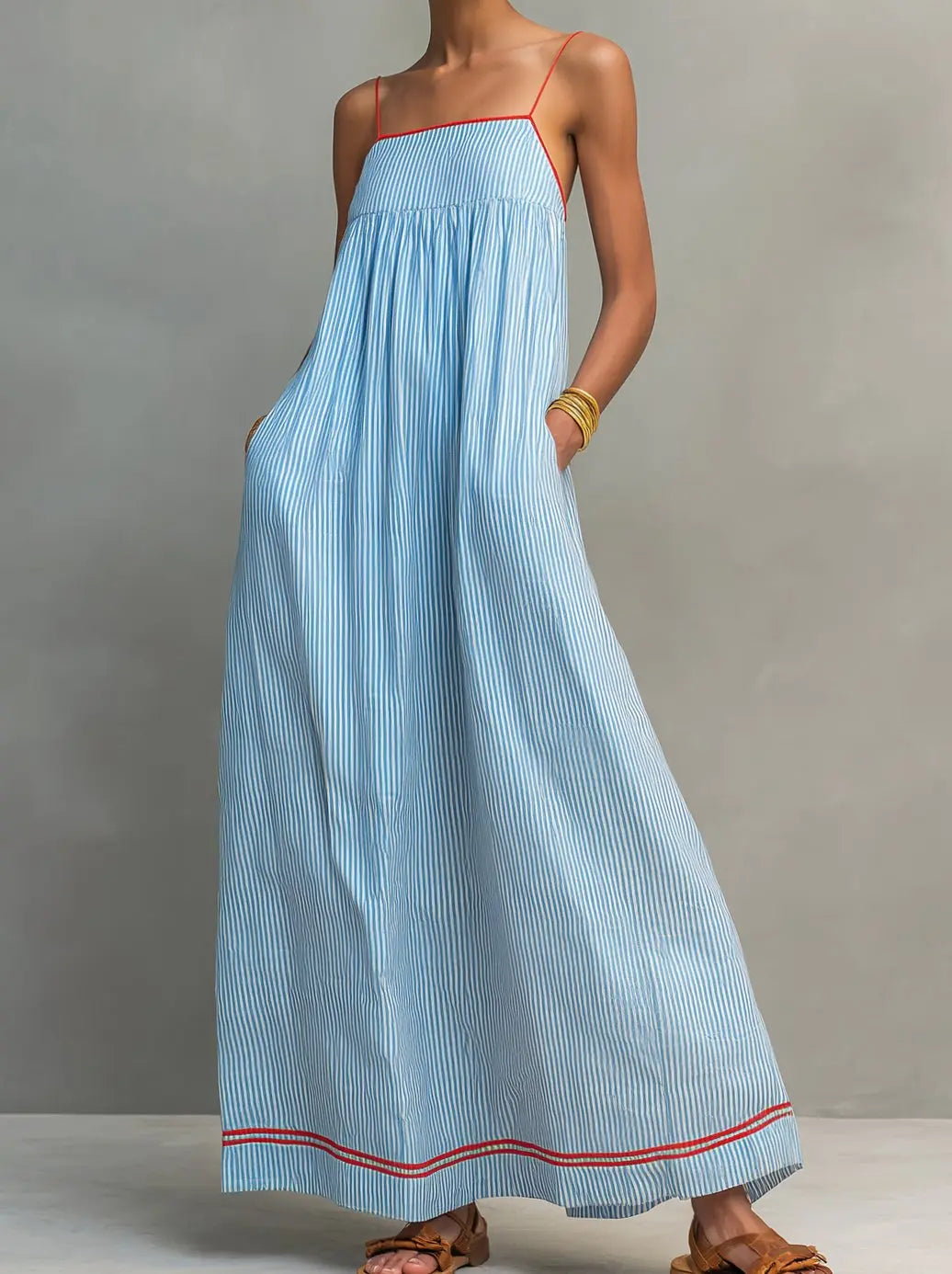 Women's Gathered Spaghetti-Strap Striped Maxi Dress - Blue
