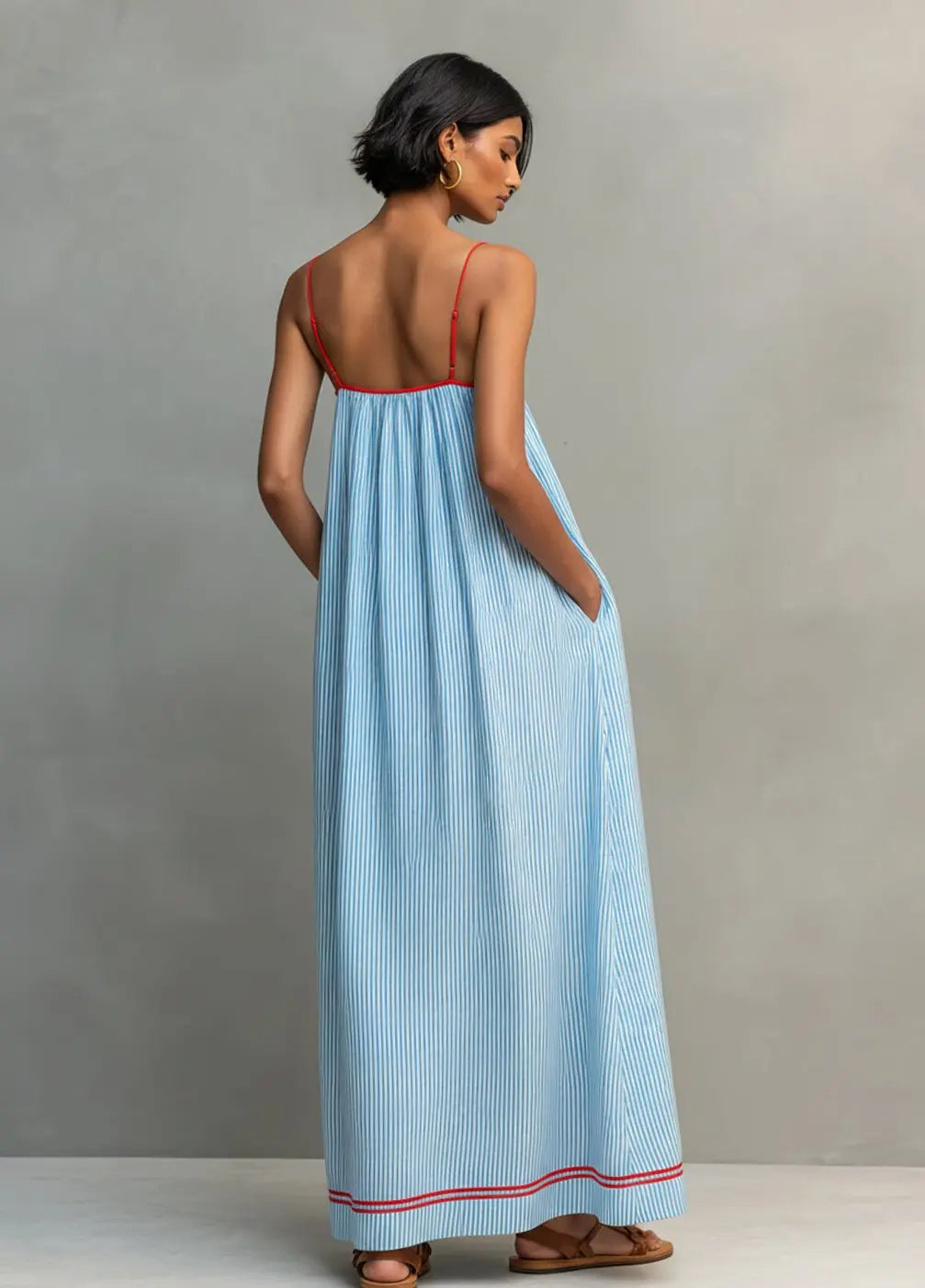 Women's Gathered Spaghetti-Strap Striped Maxi Dress