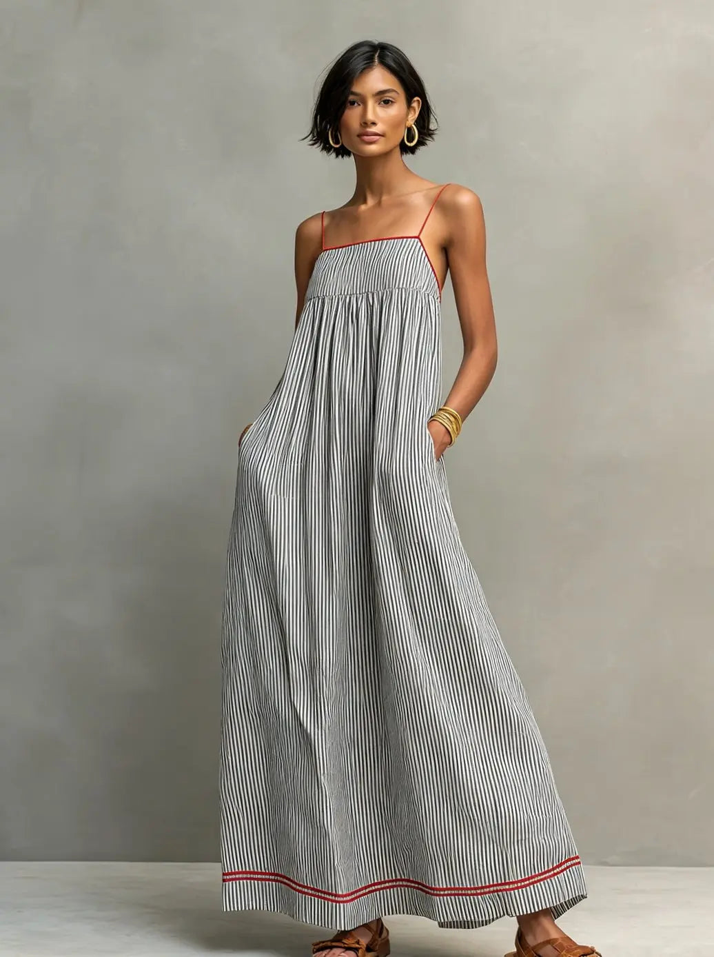 Women's Gathered Spaghetti-Strap Striped Maxi Dress - Black