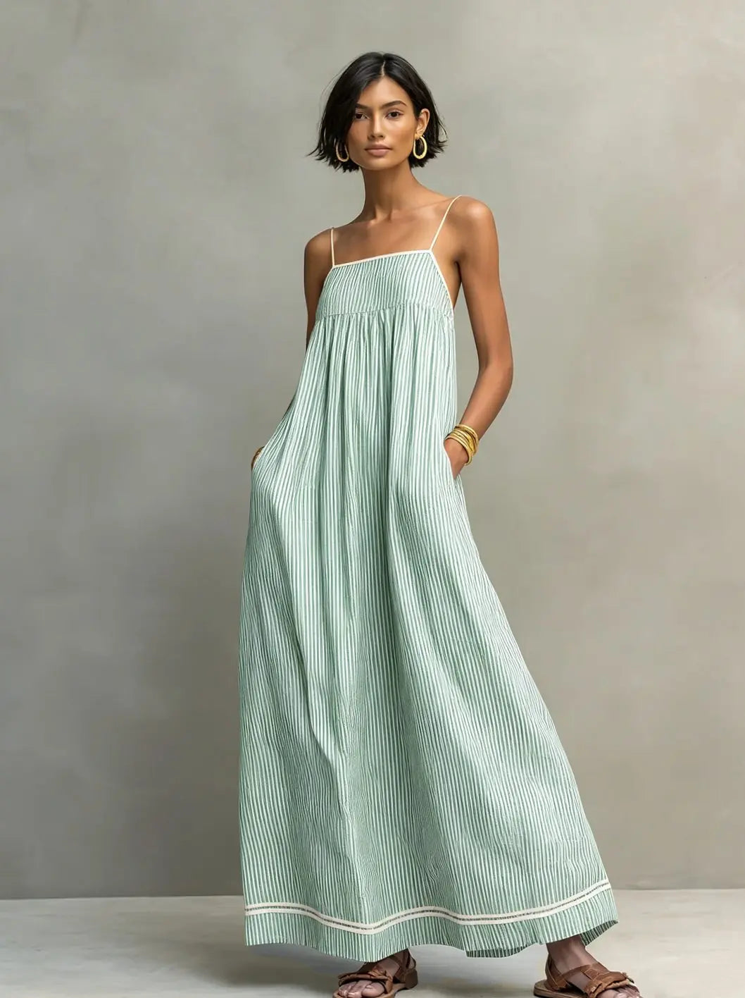 Women's Gathered Spaghetti-Strap Striped Maxi Dress - Green