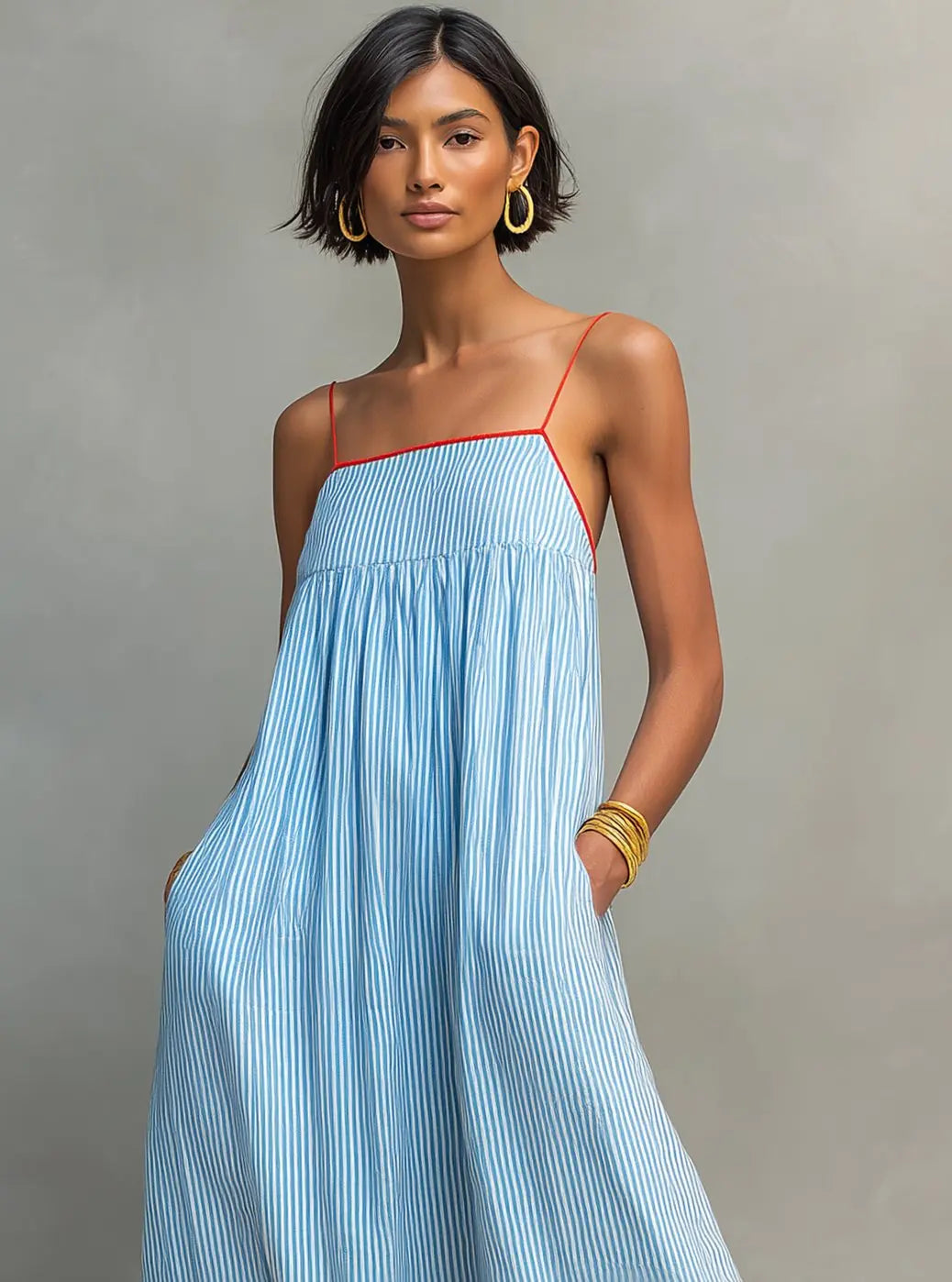Women's Gathered Spaghetti-Strap Striped Maxi Dress