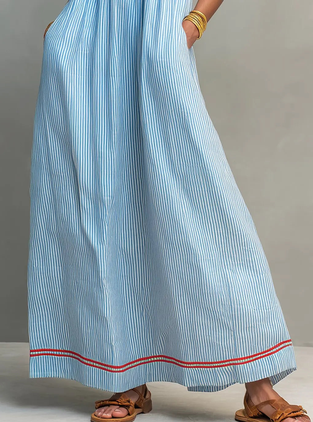 Women's Gathered Spaghetti-Strap Striped Maxi Dress