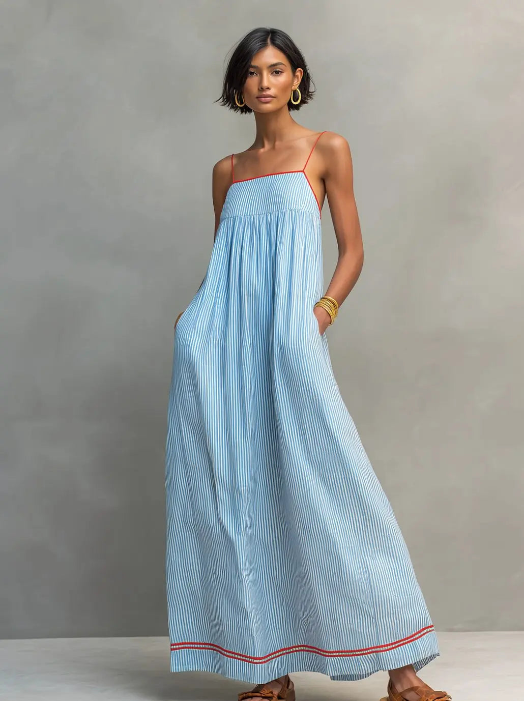 Women's Gathered Spaghetti-Strap Striped Maxi Dress