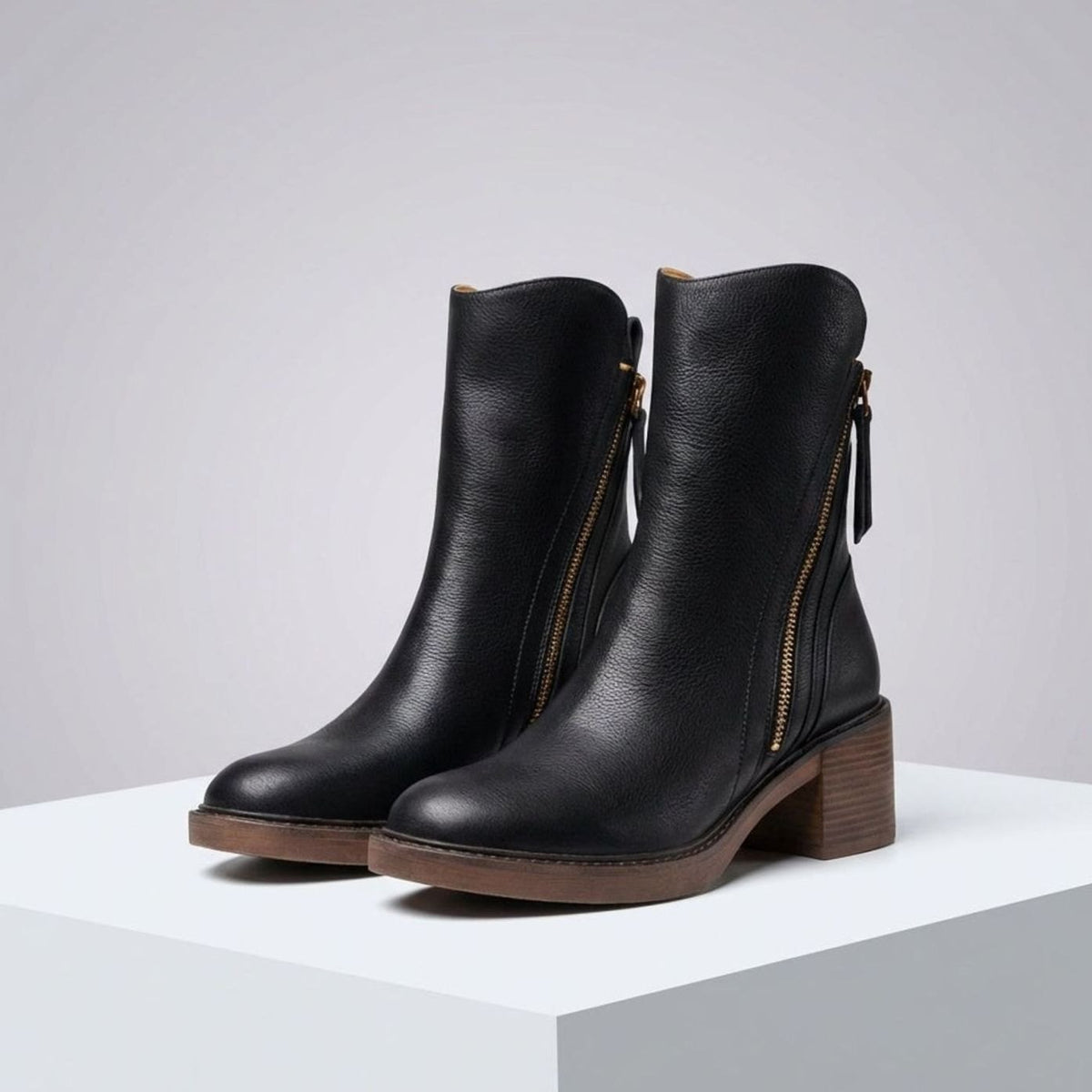 Women's Genuine Leather Side-Zip Block-Heel Ankle Boots - Black