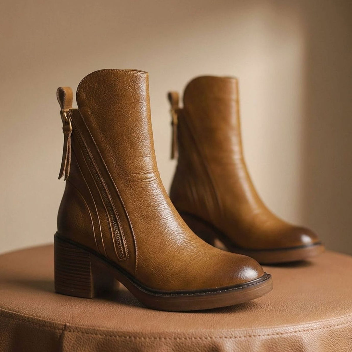 Women's Genuine Leather Side-Zip Block-Heel Ankle Boots - Brown