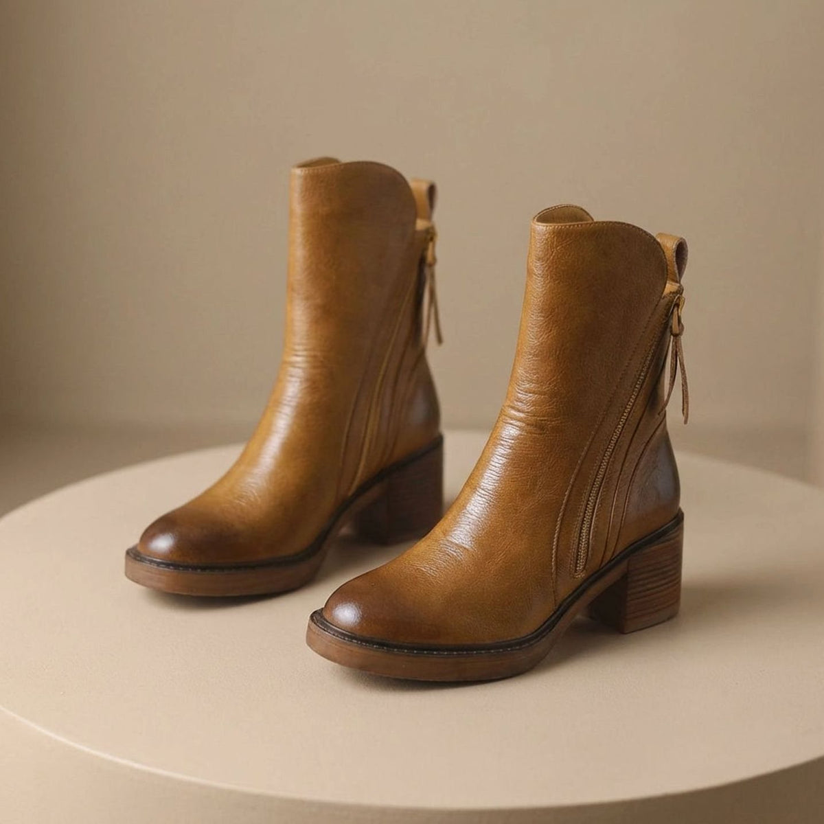 Women's Genuine Leather Side-Zip Block-Heel Ankle Boots