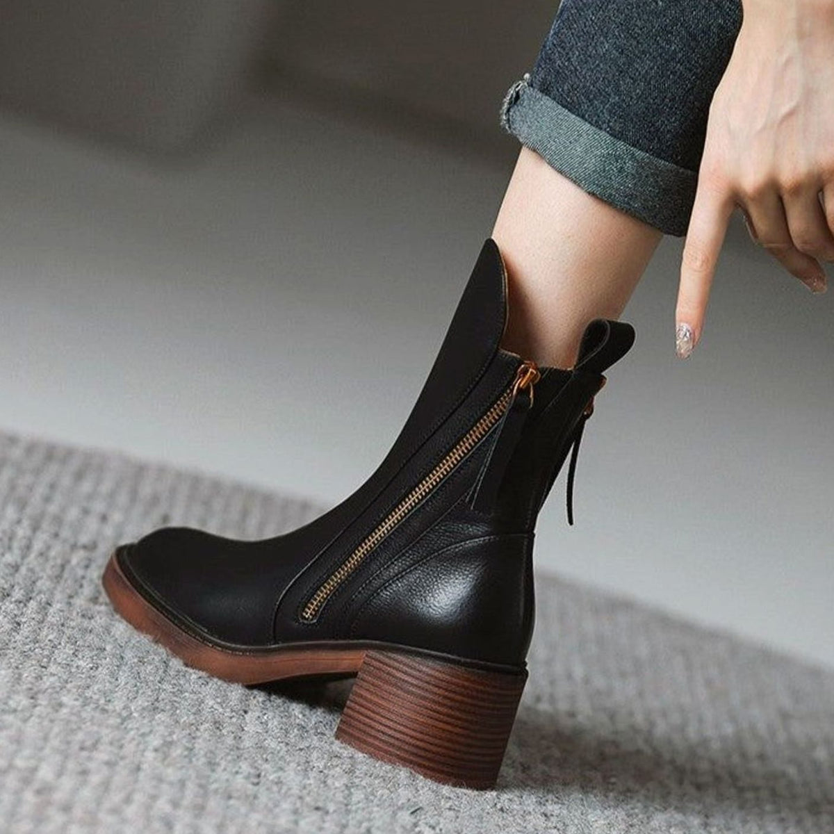 Women's Genuine Leather Side-Zip Block-Heel Ankle Boots