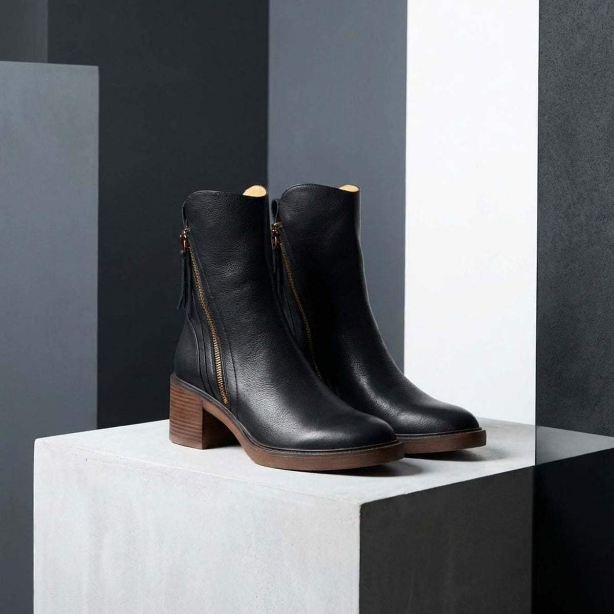 Women's Genuine Leather Side-Zip Block-Heel Ankle Boots