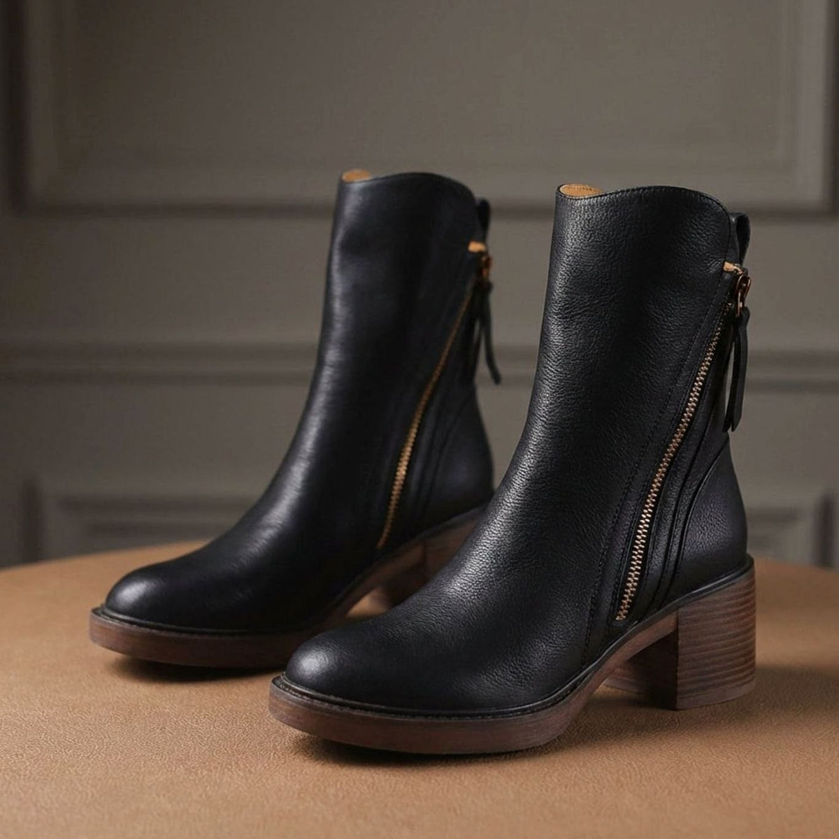 Women's Genuine Leather Side-Zip Block-Heel Ankle Boots, Black