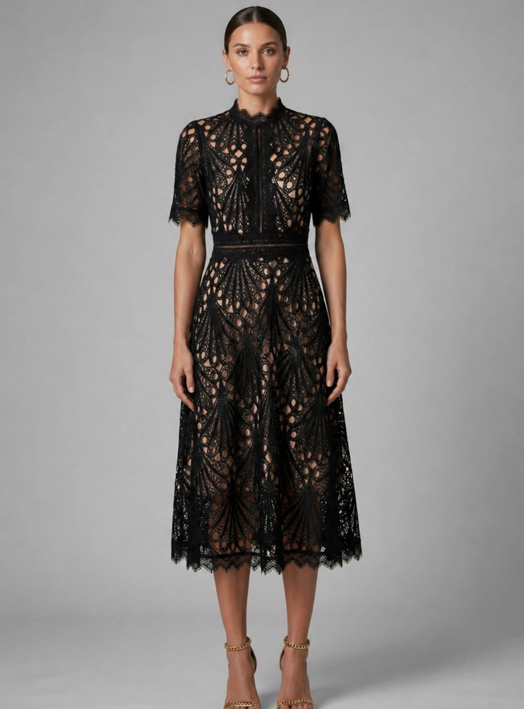 Women's Geometric Lace High-Neck A-Line Midi Party Dress - Black