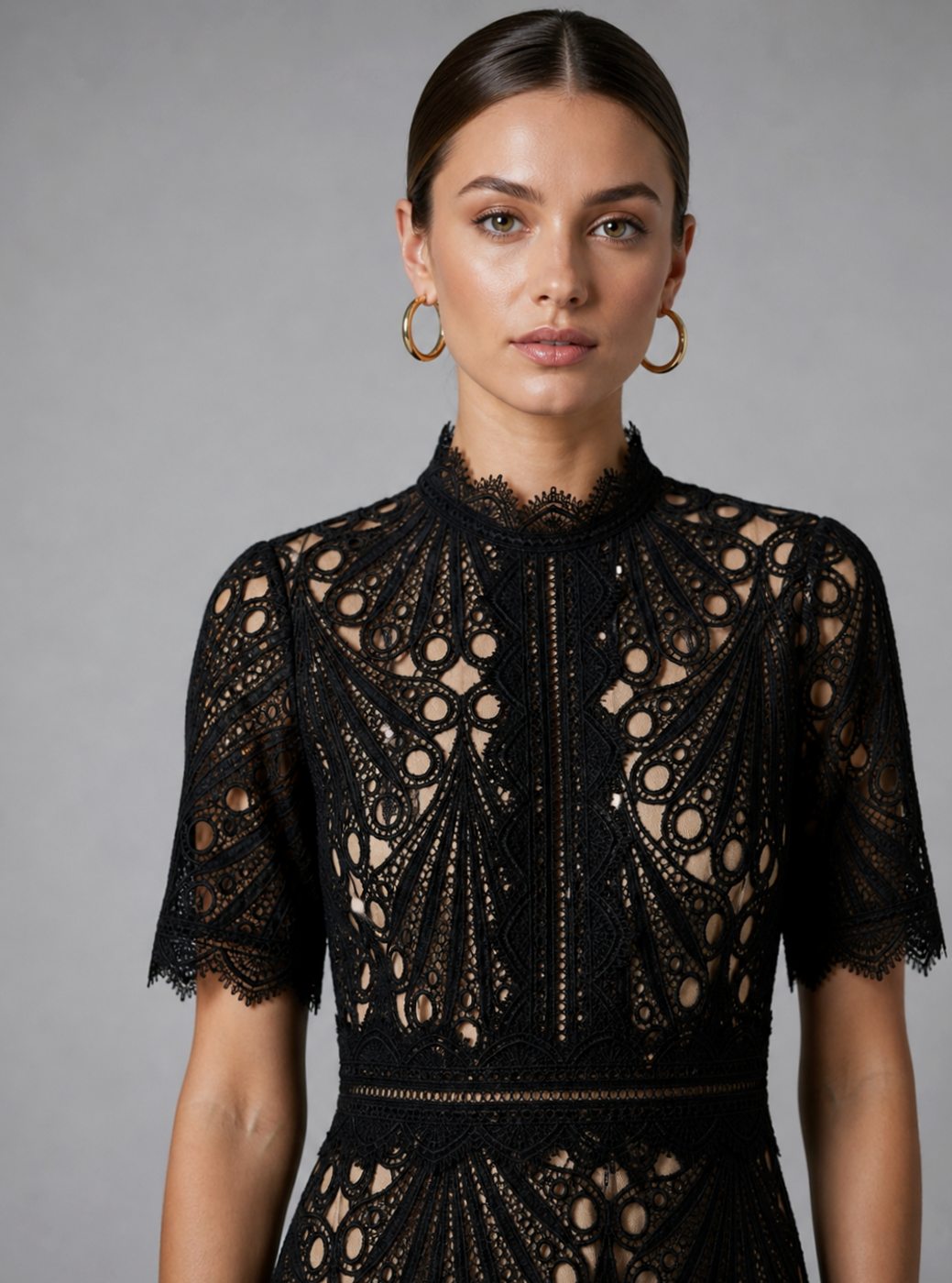 Women's Geometric Lace High-Neck A-Line Midi Party Dress