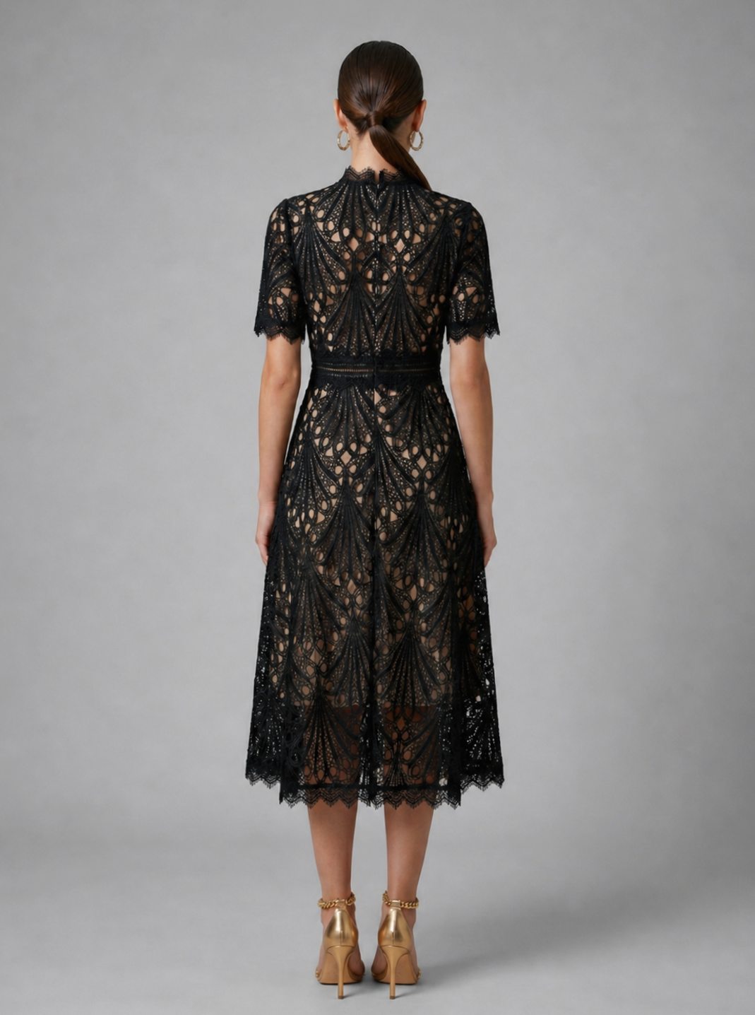 Women's Geometric Lace High-Neck A-Line Midi Party Dress