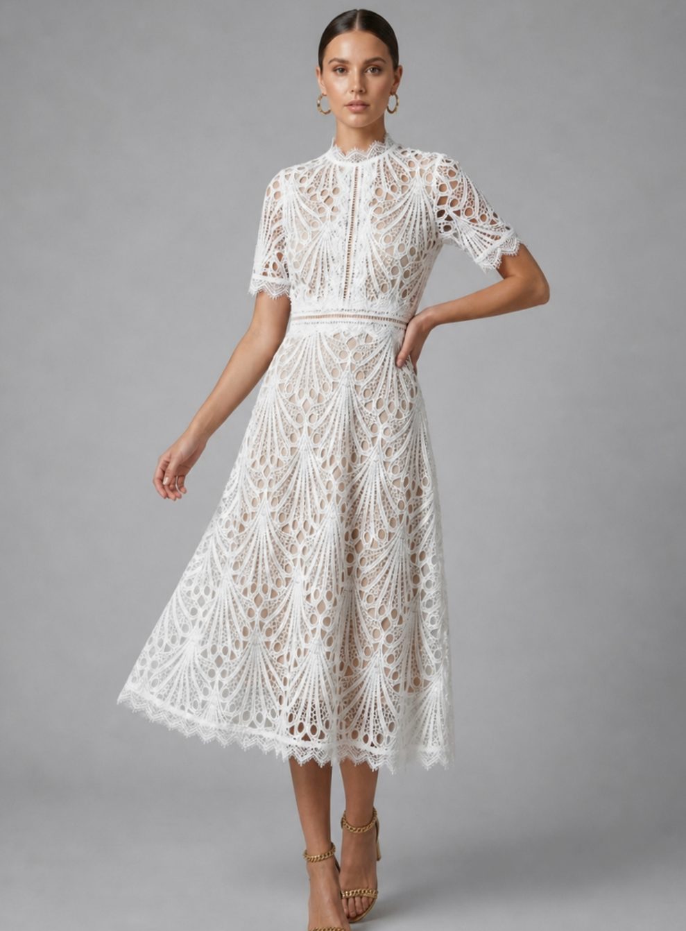 Women's Geometric Lace High-Neck A-Line Midi Party Dress - White