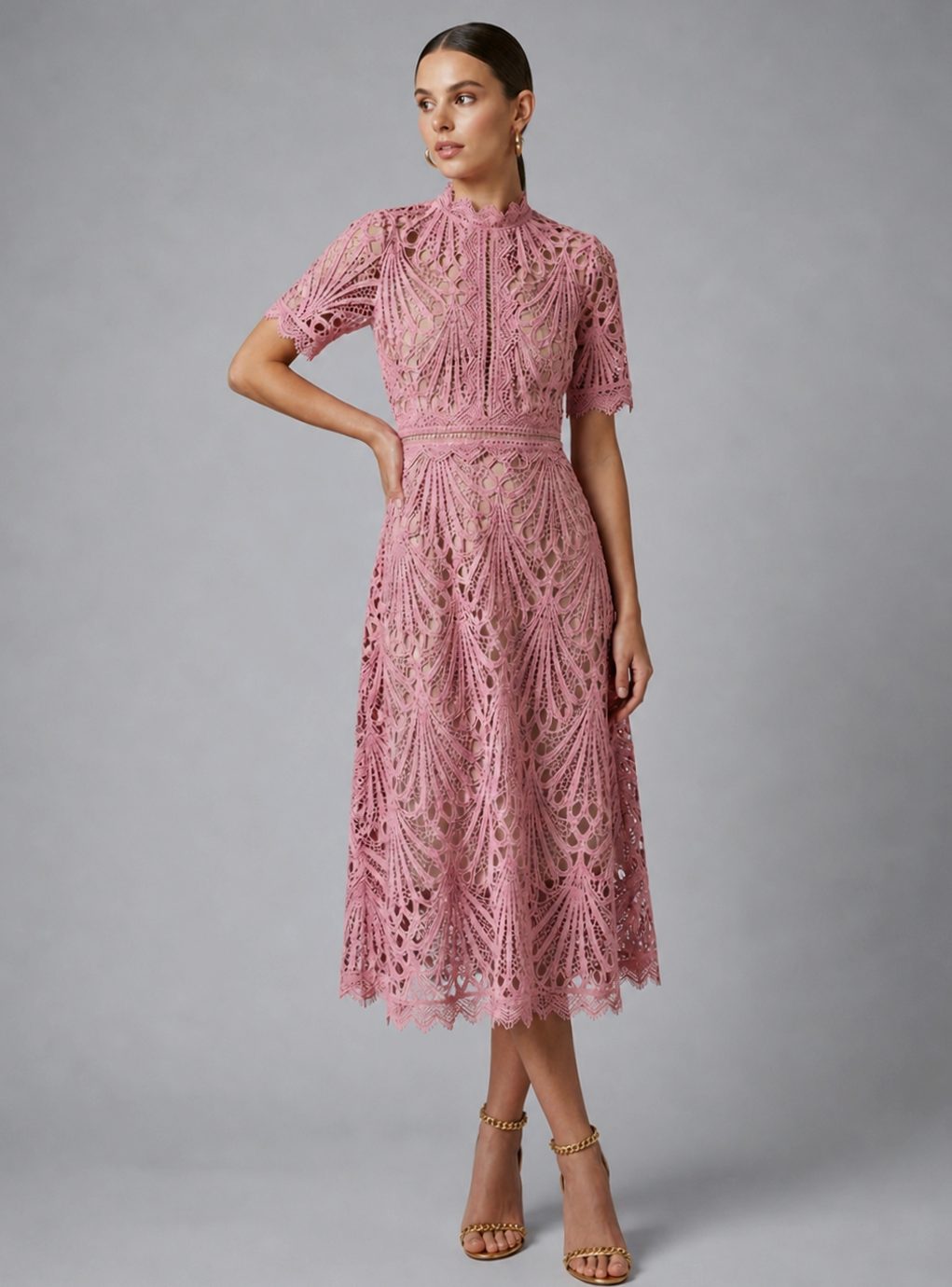 Women's Geometric Lace High-Neck A-Line Midi Party Dress - Pink