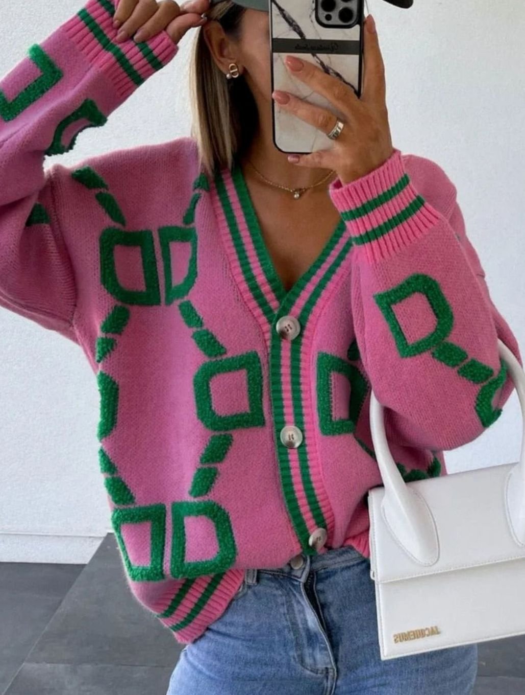 Women's Geometric Pattern Button-Up Knit Cardigan - Pink