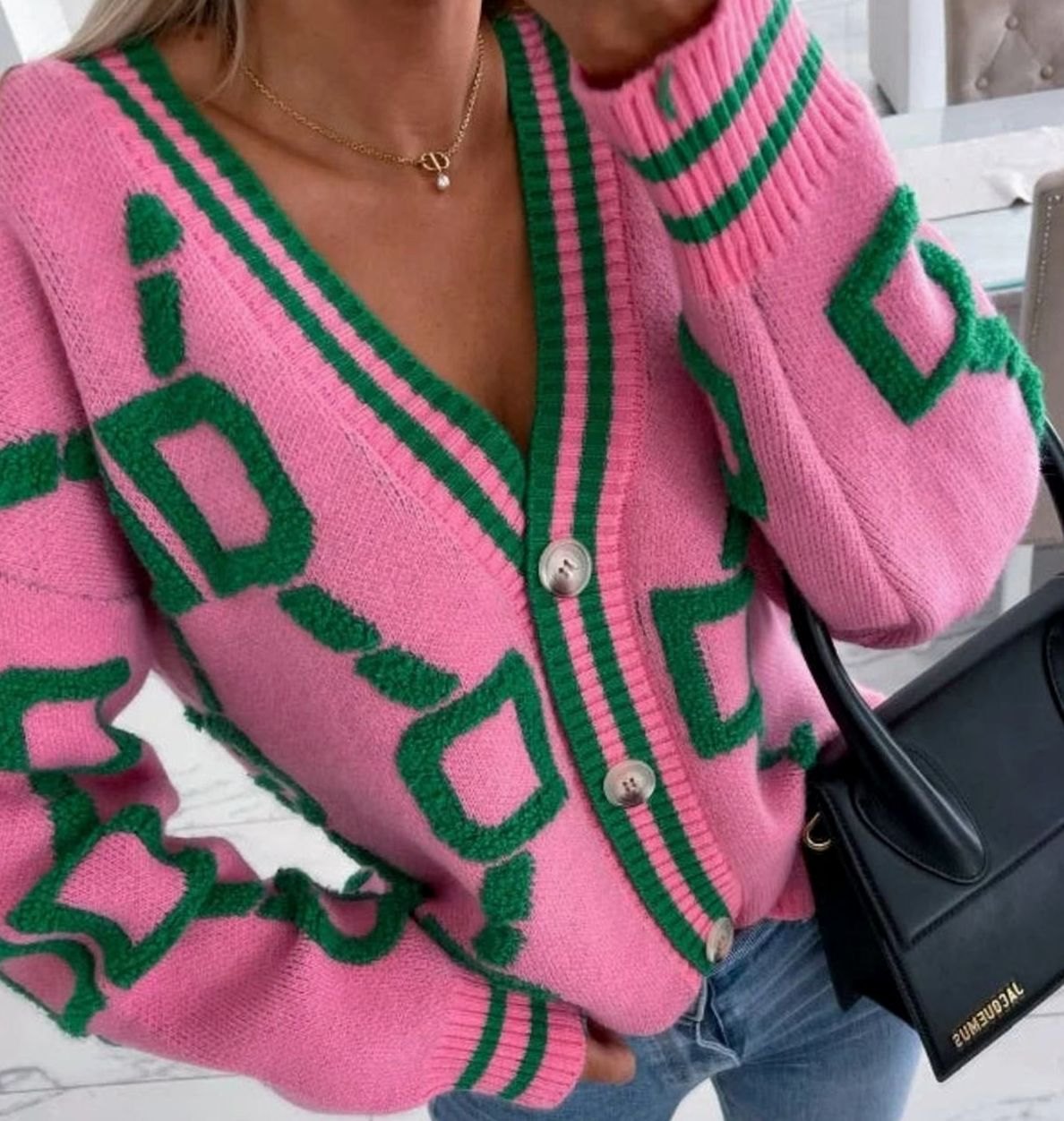 Women's Geometric Pattern Button-Up Knit Cardigan