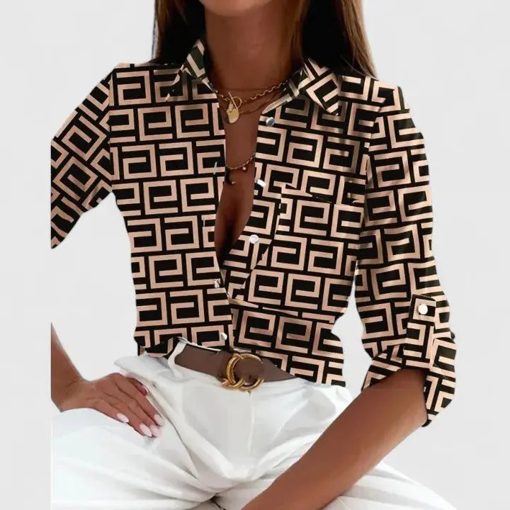 Women's Geometric Print Blouse Long Sleeve Button Down - Khaki