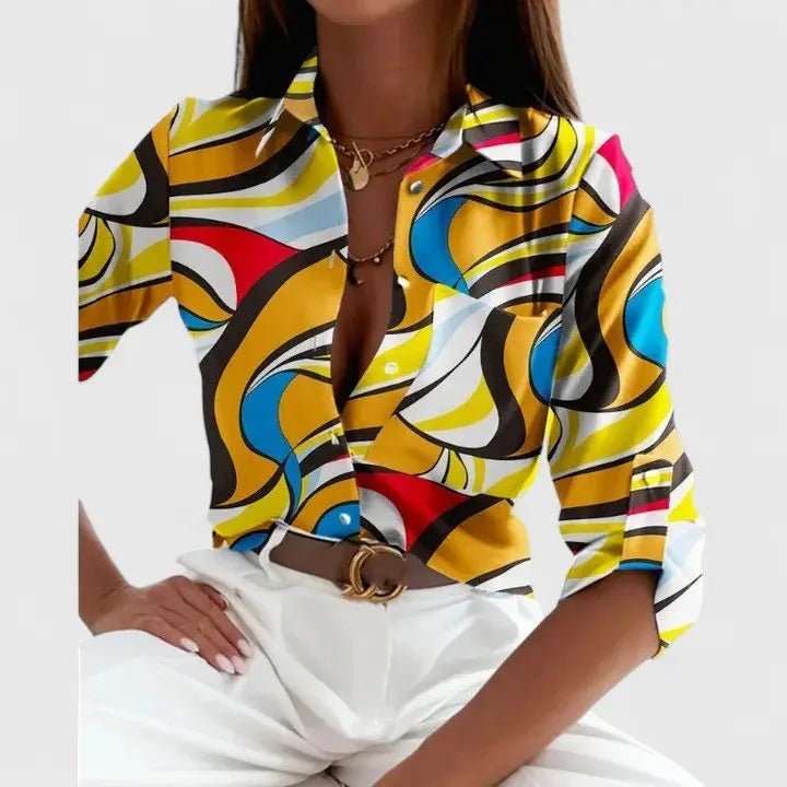 Women's Geometric Print Blouse Long Sleeve Button Down - Multi
