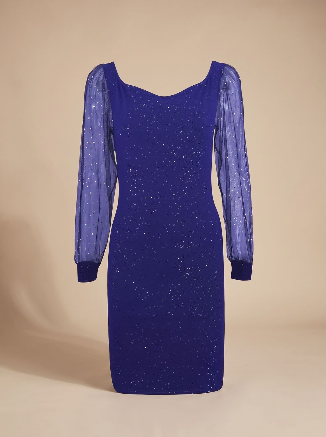 Women's Glitter Mesh-Sleeve Bodycon Christmas Party Dress - Navy