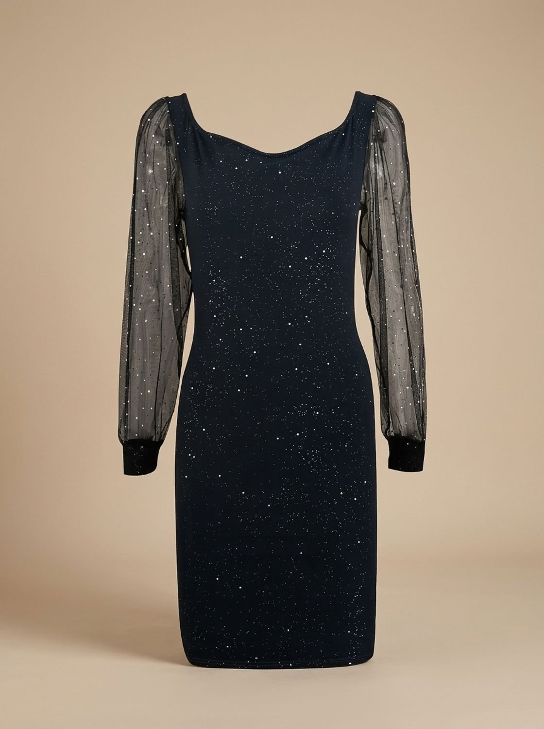 Women's Glitter Mesh-Sleeve Bodycon Christmas Party Dress - Black