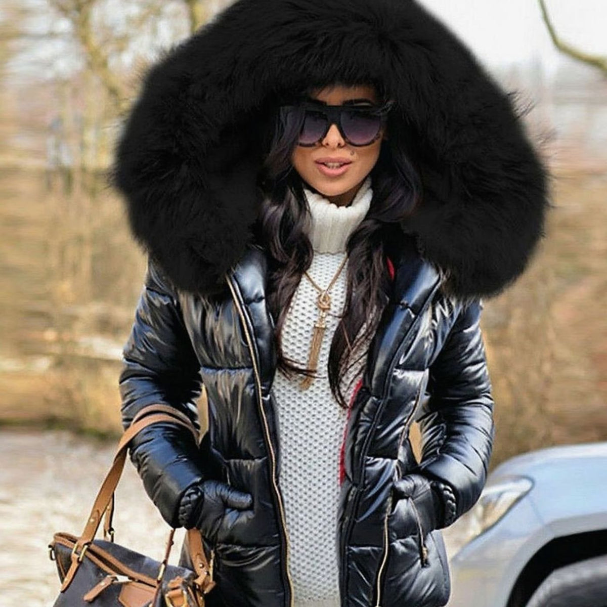 Women's Glossy Quilted Down Puffer Jacket Faux Fur Hood - Black with Black Hood