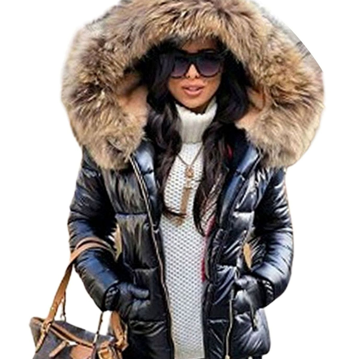 Women's Glossy Quilted Down Puffer Jacket Faux Fur Hood - Black with Brown Hood