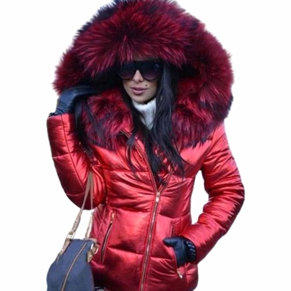 Women's Glossy Quilted Down Puffer Jacket Faux Fur Hood - Red