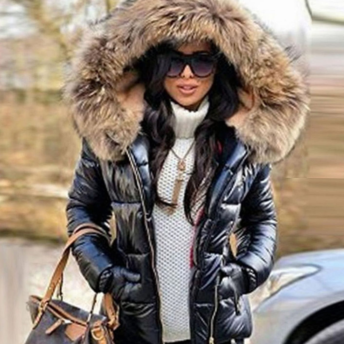 Women's Glossy Quilted Down Puffer Jacket Faux Fur Hood