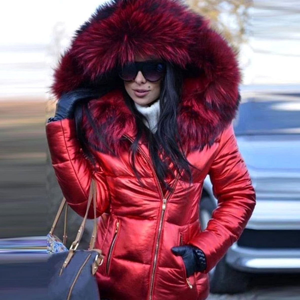 Women's Glossy Quilted Down Puffer Jacket Faux Fur Hood