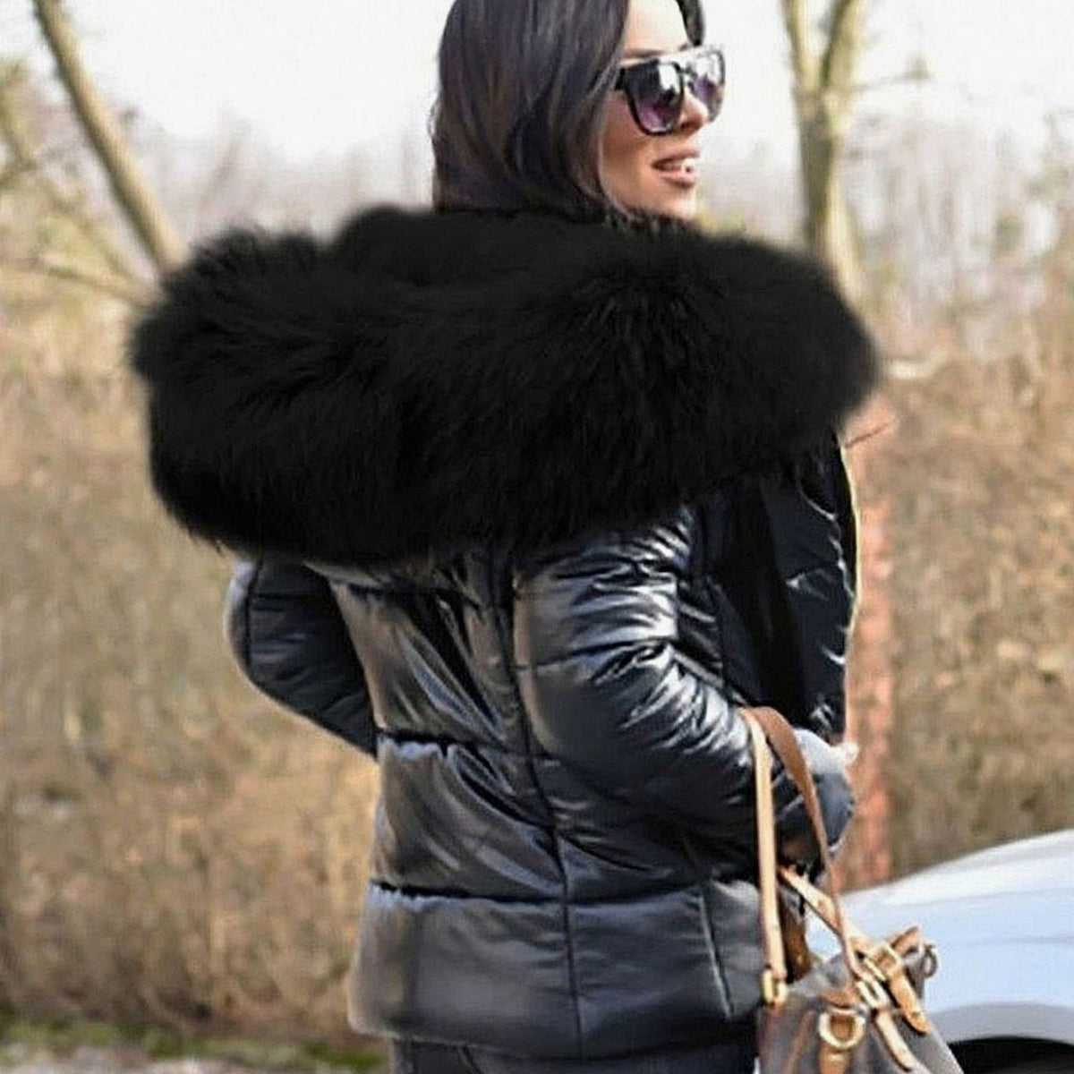 Women's Glossy Quilted Down Puffer Jacket Faux Fur Hood