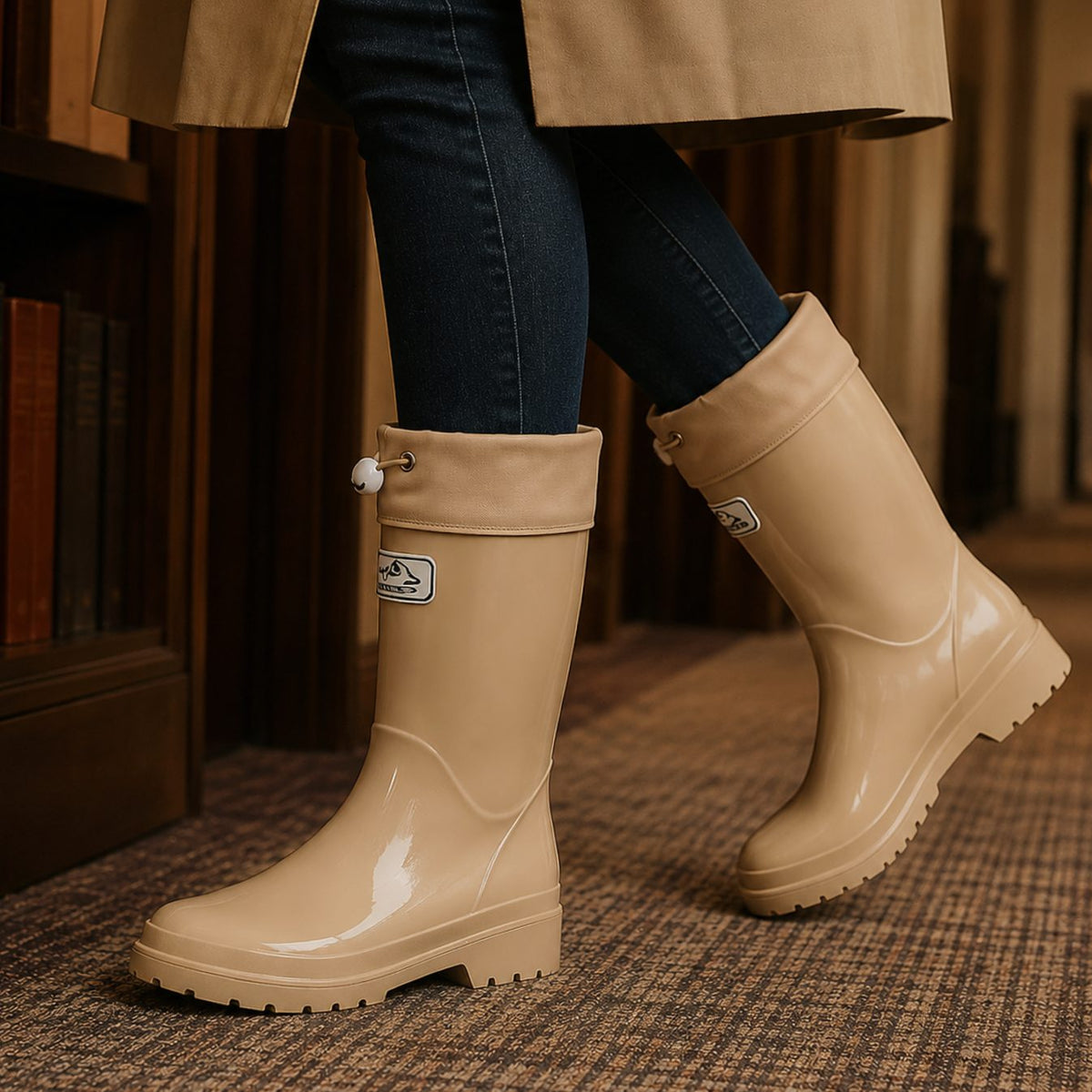 Women's Glossy Rubber Drawstring Cuff Waterproof Rain Boots - Beige