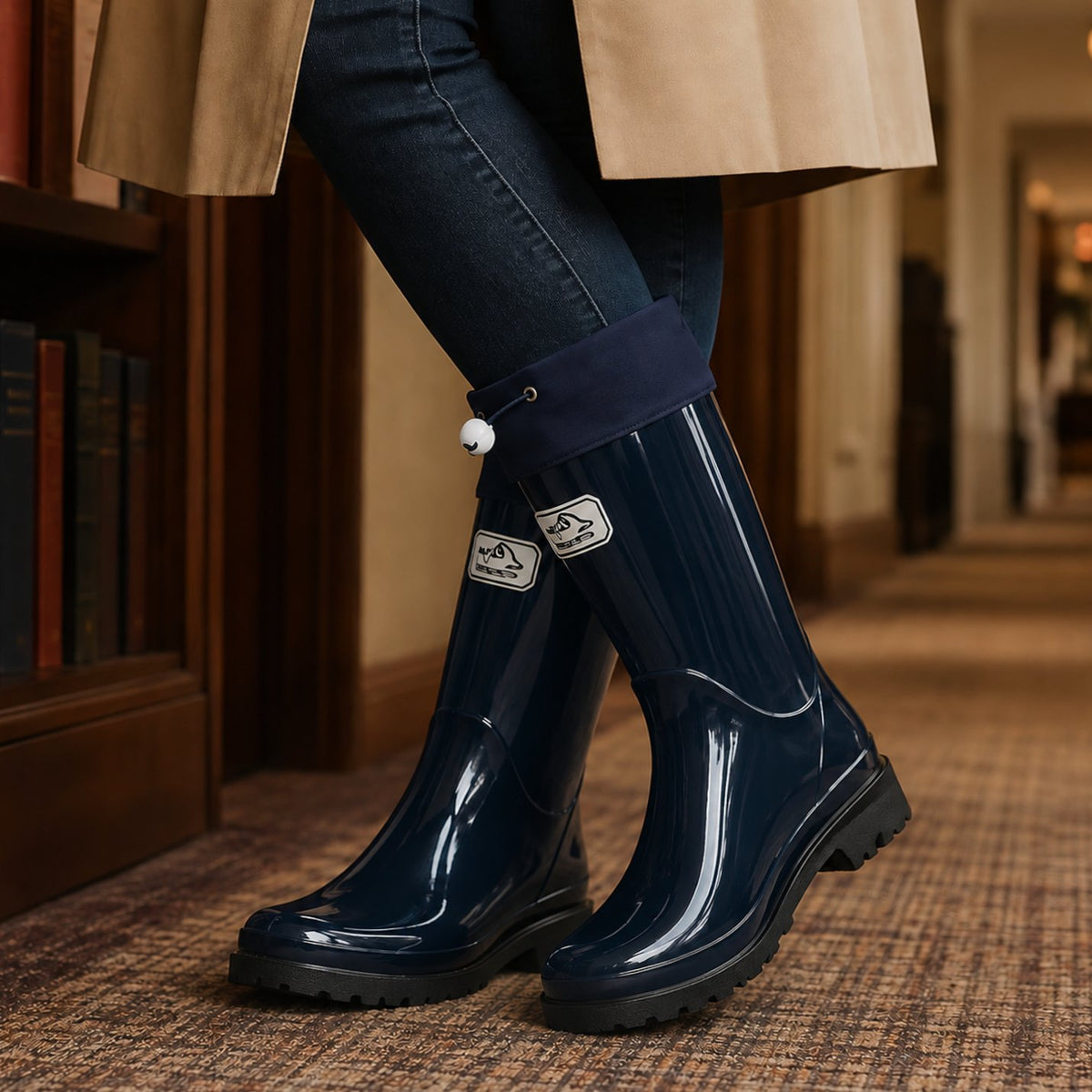 Women's Glossy Rubber Drawstring Cuff Waterproof Rain Boots - Navy