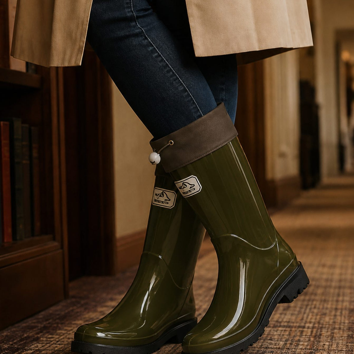 Women's Glossy Rubber Drawstring Cuff Waterproof Rain Boots - Olive Green