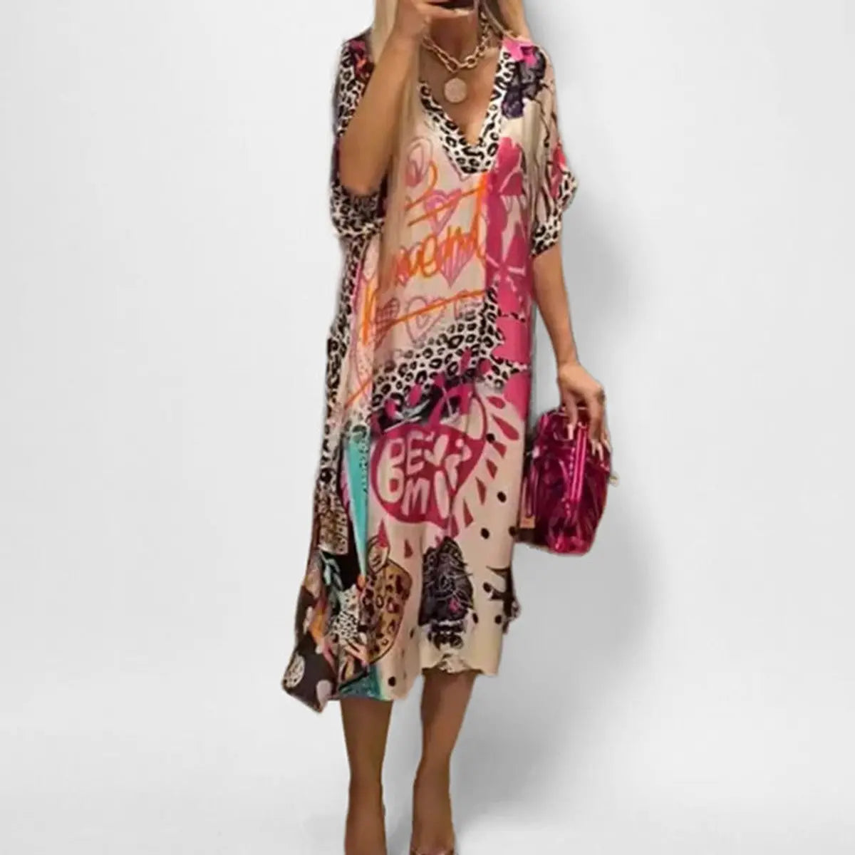 Women's Graphic Print V-Neck Swing Tunic Midi Dress - Pink